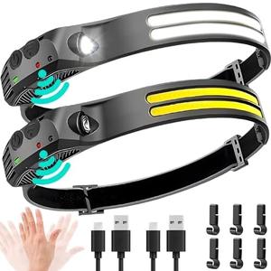 Beccason LED Headlamp Rechargeable 2PCS - 230° COB Super Bright Head Lights for Forehead, Hard hat Light for Adults, USB C Headband Flashlight for Work, Hiking, Running, Camping Essentials Gear