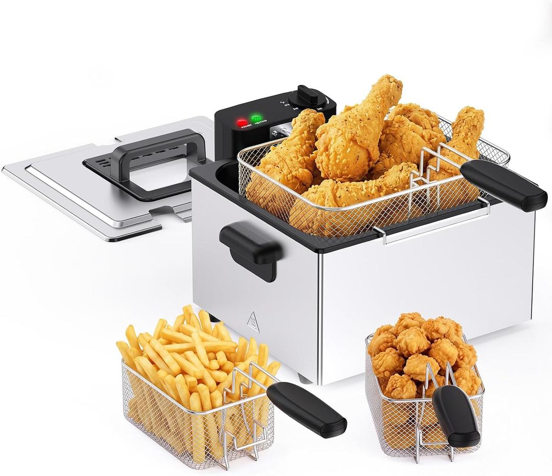 OLIXIS Deep Fryer for Home Use, Large Electric Fryer with 3 Blankets, 5 Liter Capacity, 1800W Power, 4 Adjustable Temp, Lid with Viewing Window for Fried Chicken, Shrimp, French Fries, Silver