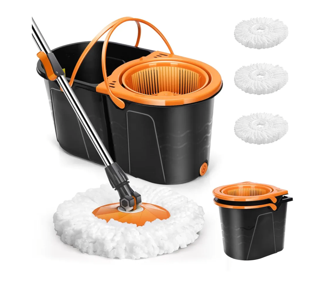 Spin Mop and Bucket with Wringer Set, Double Bucket Separate Dirty Water, 360° Spinning Mop System with 3 Microfiber Mop Heads, Clean Water Mop Set for Floor Cleaning
