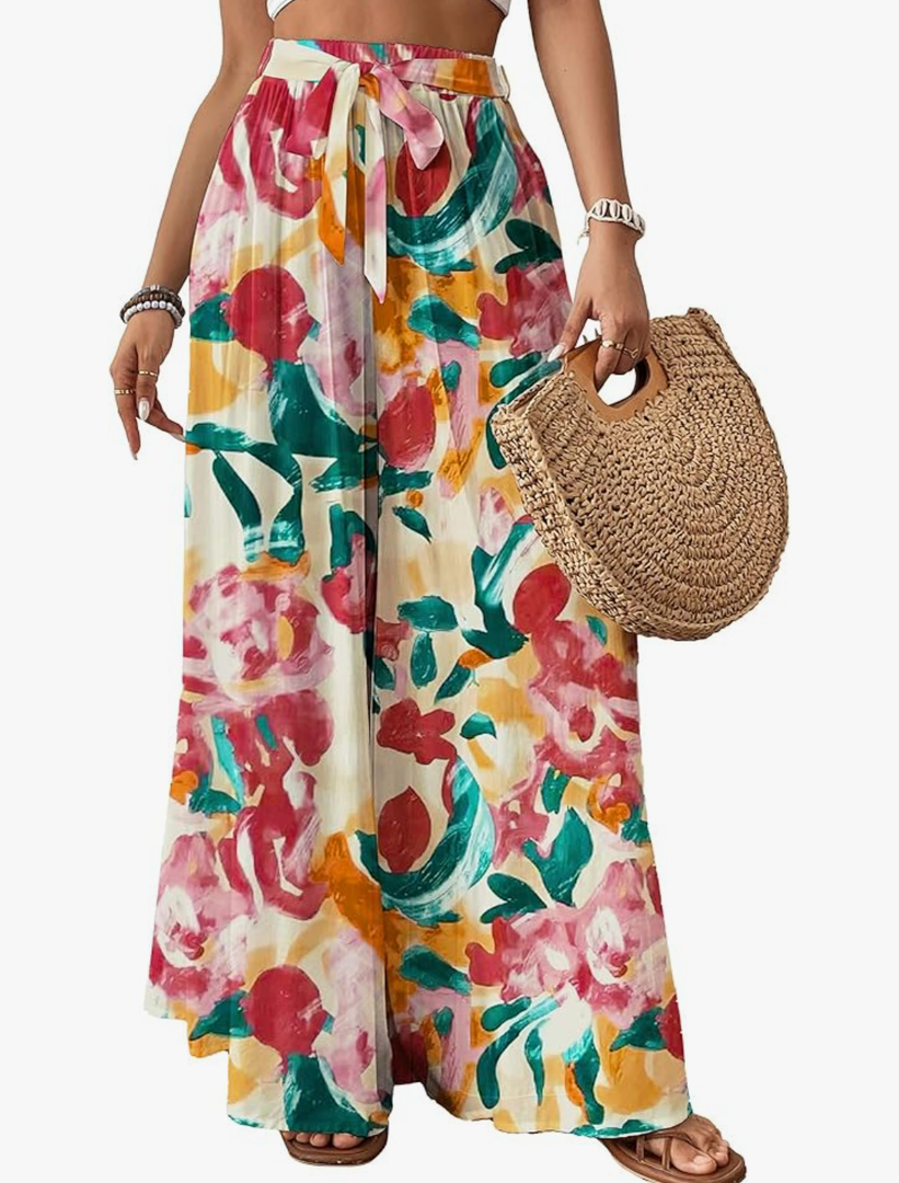 Bsubseach Wide Leg Pants Woman Flowy Floral Palazzo Pants for Women High Waisted Summer Casual Trousers Cruise Outfits, Large