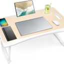 Amaredom Laptop Bed Desk Tray Bed Table, Foldable Portable Lap Desk Notebook Stand Reading Holder with Storage Drawer and Cup Holder for Eating Breakfast on Bed/Couch/Sofa-White Oak