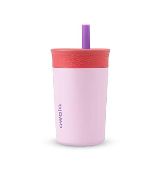 Owala Kids Insulation Stainless Steel Tumbler with Spill Resistant Flexible Straw, Easy to Clean, Kids Water Bottle, Great for Travel, Dishwasher Safe, 12 Oz, Pink and Purple (Lilac Rocket)