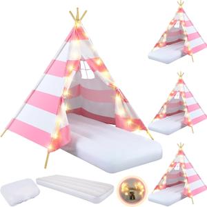 4 Pack Teepee Tent for Kids Slumber Party with Mattress,Fitted Sheet,Light String,Natural Cotton Washable Sleepover Tents for Girls Party Birthday Slumber Movie Night Supplies(Pink White)