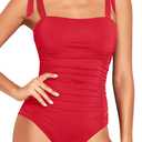 Tempt Me Women One Piece Swimsuits Ruched Slimming Bathing Suits Vintage Swimwear (Red, M)