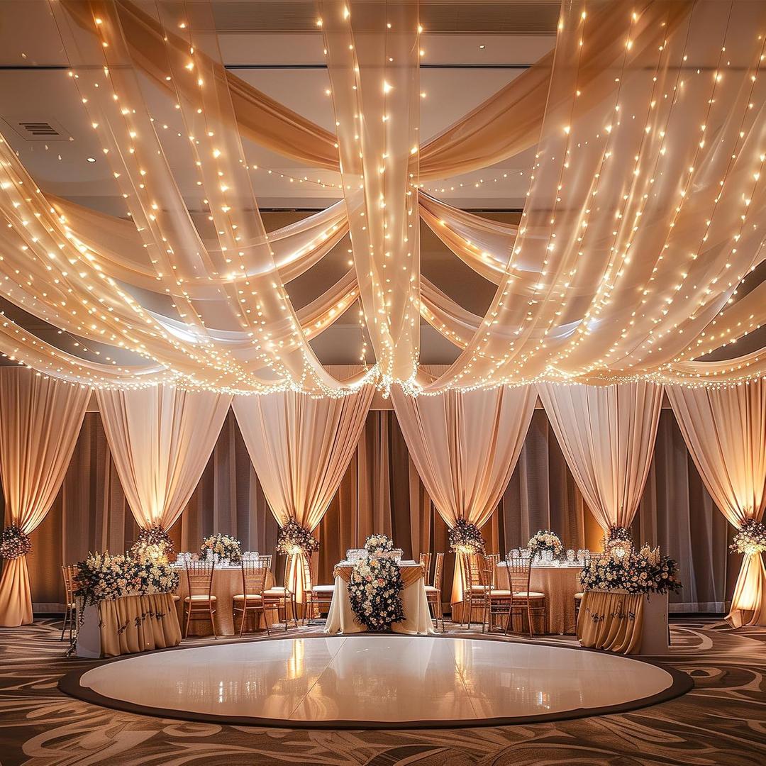 6 Panels Champagne Ceiling Drapes with Lights for Wedding 5ftx30ft Photo Backgrounds Sheer Curtains Drapery Decorations for Party Ceremony Stage Swag