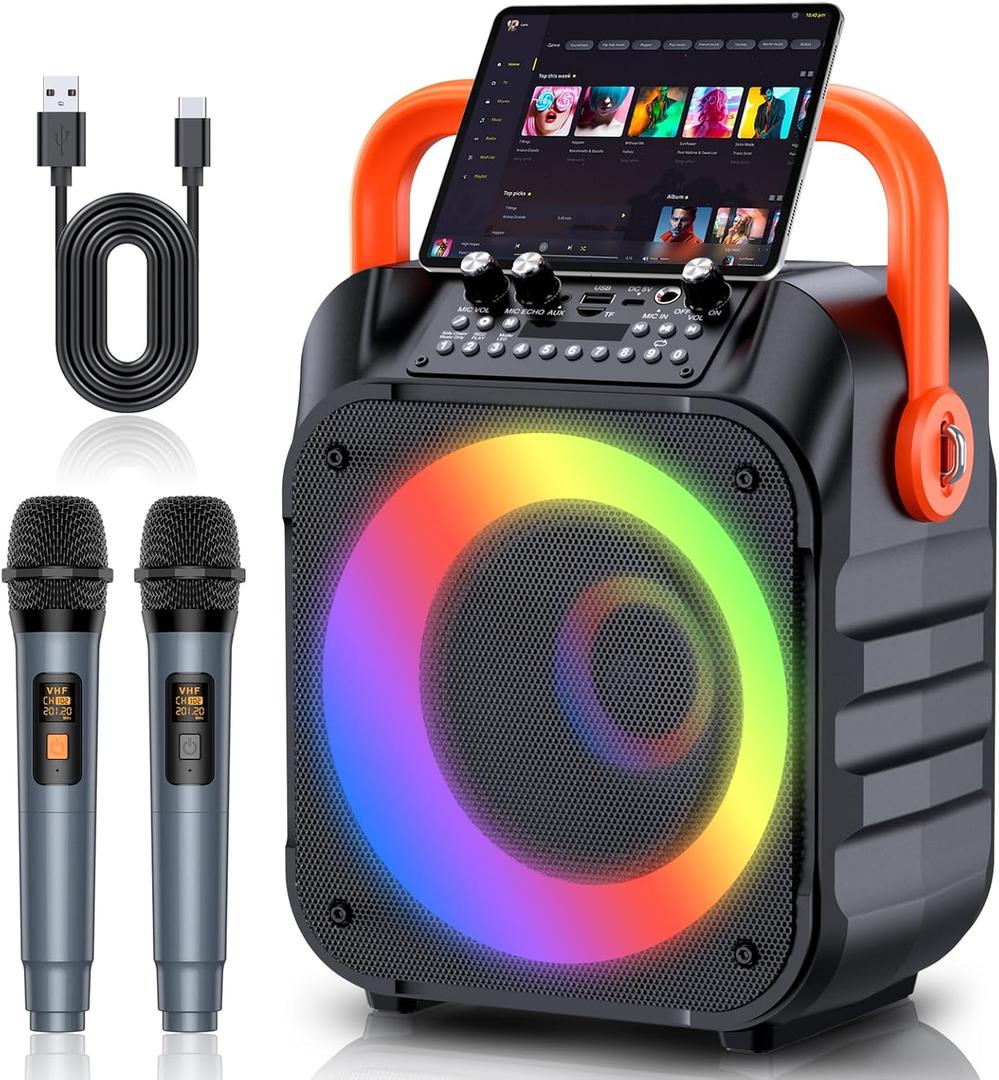 Karaoke Machine with 2 Wireless Microphones,Portable Karaoke Machine for Adults & Kids,Karaoke Microphone with PA System,Karaoke Speaker Supports for TWS,USB,FM,REC,AUX in,TF Card
