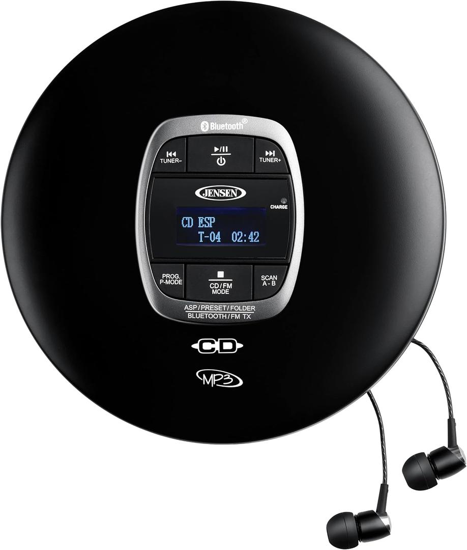 Jensen Portable CD Player Bluetooth 5.0 for Car with FM Transmitter, MP3 CD Playback, 60 Sec- Anti-Skip, Bass Boost, Rechargeable CD Player, Stereo Sport Earbuds (Matte Black)