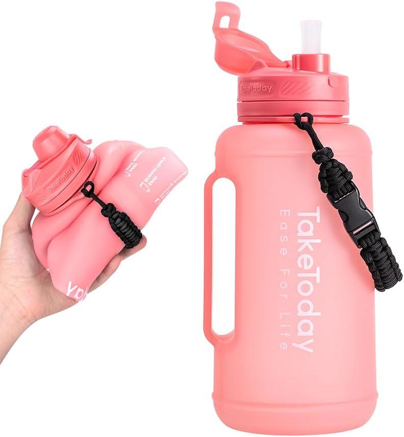 TakeToday 68 Oz Collapsible Water Bottles With Straw, Half Gallon Water Bottle With Motivational Time Marker, Large Reusable Silicone Water Jug With Paracord Handle For Gym, Sports, Outdoors