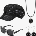 XEPST 4 PCS 70s Disco Costume Accessories Set with Sequin Hat Earrings Sunglasses Necklace Disco Fancy Dress Kit for Women Retro 70 80 Theme Party Costume, Black