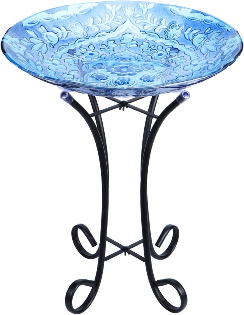 MUMTOP Outdoor Glass Birdbath with Metal Stand for Lawn Yard Garden Decor,18 Dia/21.65 Height
