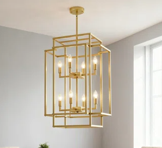 8-Light Lantern Chandelier For High Ceilings, Industrial Farmhouse Pendant Light Fixture With Adjustable Height For Entryway Dining Room Kitchen Island