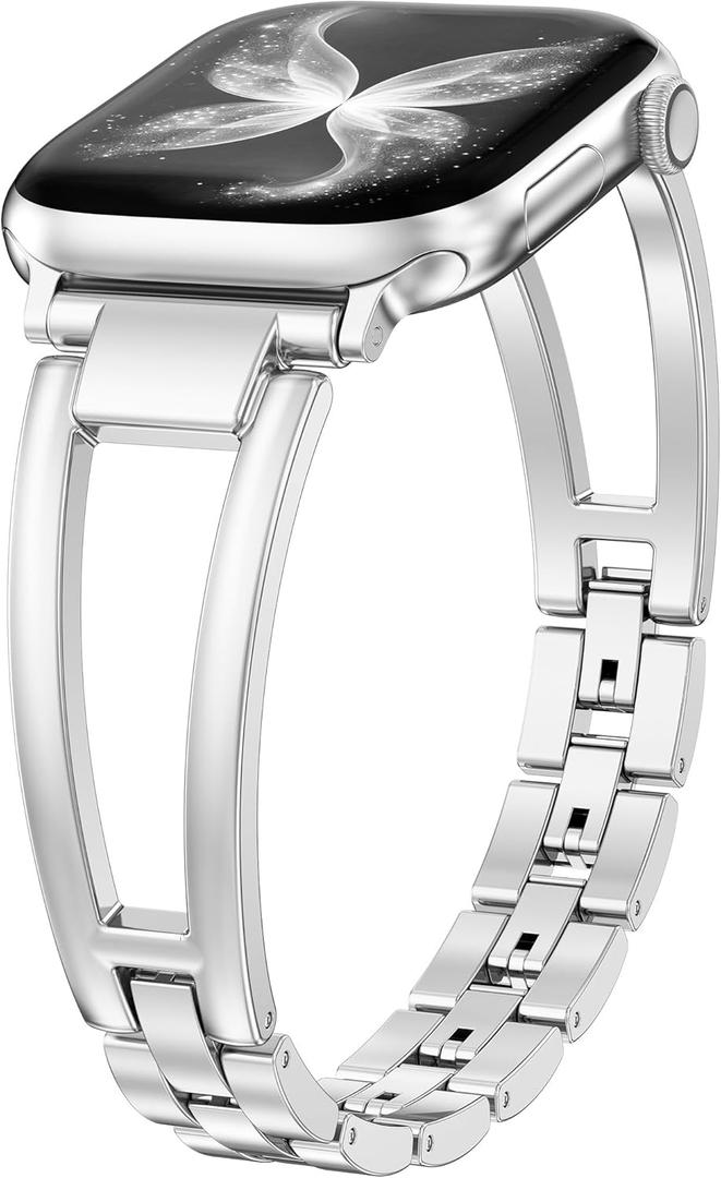 Wearlizer Compatible with Apple Watch Band 42/46/38/40/41/44/45/49mm Women, Dressy Fancy Stainless Steel Metal Strap Pretty Slim Designer Bracelet for iWatch Series 11 10 9 8 7 6 5 4 SE/Ultra 3 2 1 (Silver)