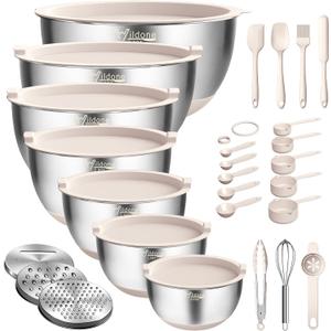 Wildone Mixing Bowls with Airtight Lids, 27 PCS Stainless Steel Nesting Bowls, with 3 Grater Attachments, Scale Mark & Non-Slip Bottom, Size 5, 4, 3, 2, 1.5, 1, 0.63QT, Ideal for Mixing & Prepping