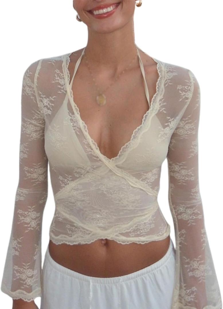 Women's Y2K Long Sleeve Sheer Mesh Top Deep V Neck Embroidery Floral Lace Top Sexy See Through Going Out Crop Tops (Large, White)