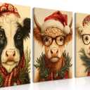 Christmas Canvas Wall Art Set of 3, Unique Highland Cow Pictures Navidad Decor, Winter Holiday Home Decoracion, Rustic Funny Animal Paintings, Farmhouse Christmas Prints for Bathroom 16x24 Inch