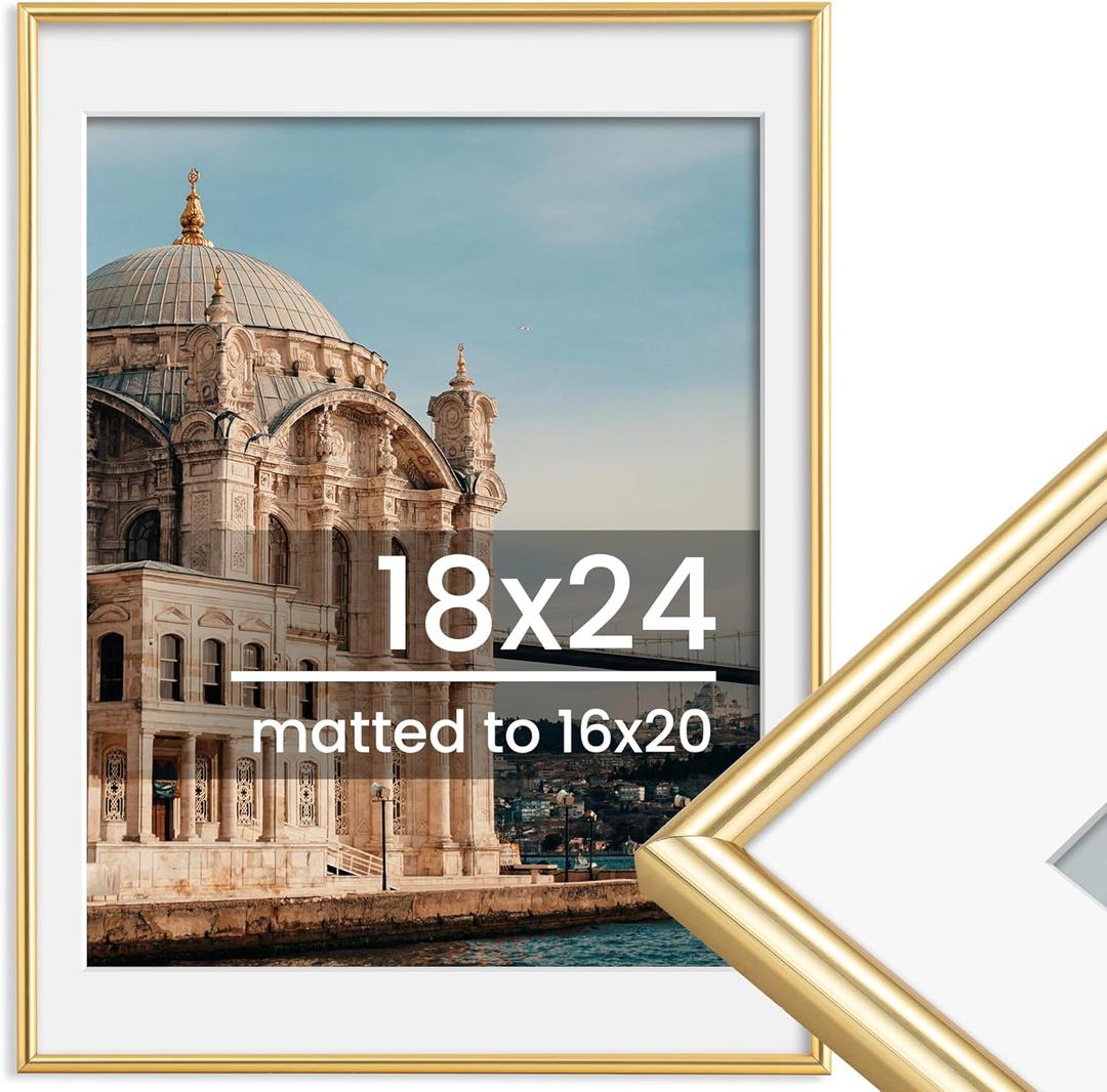 18x24 Picture Frame, Display Pictures 16x20 with Mat or 18x24 Without Mat, Wall Hanging Photo Frame, Gold, 1 Pack (18x24-1P)