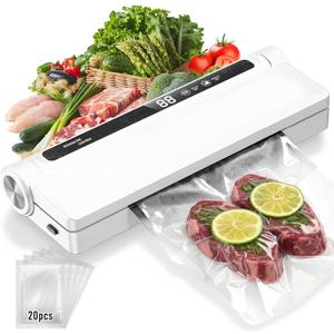 Vacuum Sealer Machine for Food, Powerful Pro Food Vacuum Sealer Machine, 60KPA Strong Suction, Dry/Wet Modes, 20 Vacuum Seal Bags for Food, One-Touch Automatic, Digital Countdown Timer