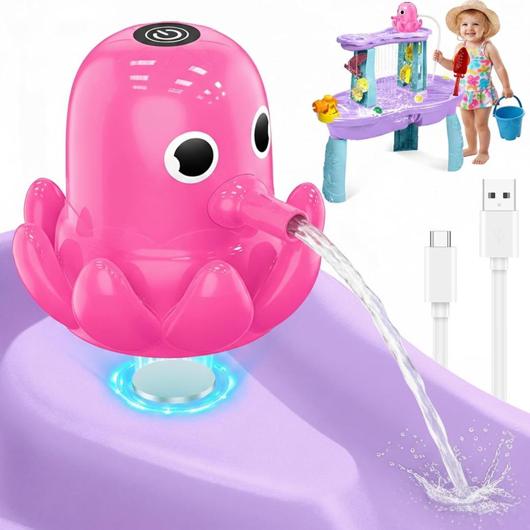 Water Table Pump, Battery Powered Continuous Water Pump for Water Table, Cordless Octopus Rechargeable Magnetic Pump, No Drill Installation, Outdoor Water Play Accessory for Kids (Pink)