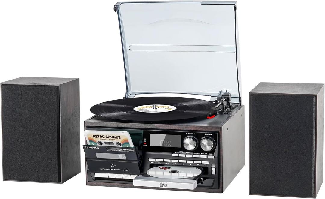 10-in-1 Vintage Record Player with Bluetooth Input & Output, Classic Sound for Modern Homes, 3-Speed Turntable, CD/Cassette, USB/SD/MMC, AM/FM Radio, Dual External Stereo Speakers & Remote