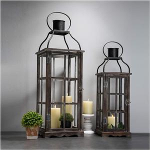 Glitzhome Decorative Candle Lanterns, Set of 2 Farmhouse Oversized Wooden Lanterns Decor Black Lanterns for Porch, Patio, Garden, Balcony, Wedding, Table Centerpiece Decorations (No Glass)