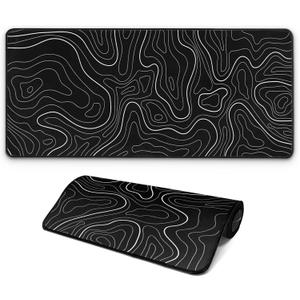 Large Computer Mouse Pad with Non-Slip Base for Desktop, Cute Gaming Mouse Mat with Stitched Edges, Long Extended Anime Mousepad for Laptop, 31.5 x 11.8 inches (Black Topographic Map)