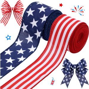 Hoteam 250th Anniversary 2 Rolls 20 Yard Red White and Blue Ribbon Patriotic Star and Striped Wired Royal USA Ribbon DIY Crafts for Xmas Holiday Decor(2 Inch,Red, Beige, White, Blue)