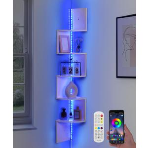 5 Tiers Corner Shelf with RGB LED Lights, 49.2" Wall Mount Floating Corner Display Shelf for Living Room Bedroom Home Office Decor, APP & Remote Control (White)
