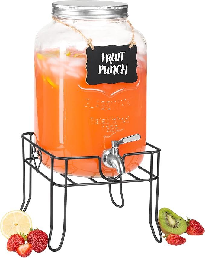 Crutello Glass Beverage Dispenser with Stainless Steel Spigot, 1 Gallon Drink Dispenser Metal Black Stand, Lemonade, Tea, Water, Laundry Detergent - A Family-Owned American Brand