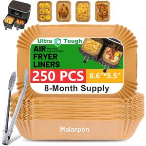 250 Pcs Air Fryer Liners Disposable 8 Inch, Non-Stick Oil-Resistant Air Fryer Paper Liners for 58 QT Baskets, Parchment Paper Liners for Air Fryer, Oven, and Microwave Use (Rectangle)