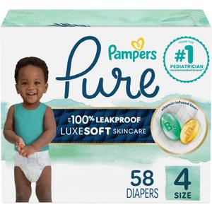Pampers Pure Baby Diapers, Size 4 (22-37 lbs), 58, Up to 100% Leakproof, Premium Hypoallergenic Soft Diapers