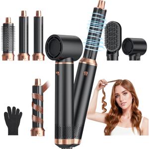5 in 1 Blow Dryer Brush, Upgrade Hair Dryer Brush Air Curler Air Curling Wrap Styler, Detachable Hot Air Brush Negative Ion Curling Brush Iron, Hair Styling Tools for Drying Curling Straightening (Black Gold)