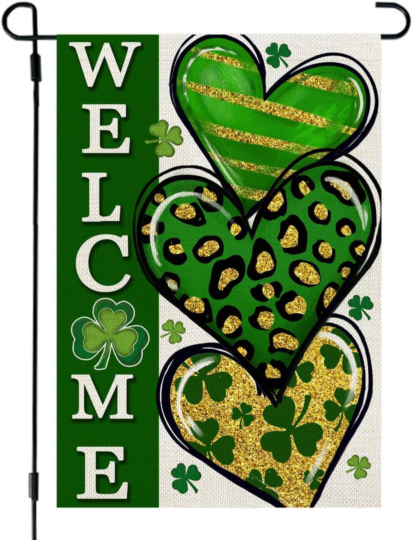 2 Packs CROWNED BEAUTY St Patricks Day Garden Flag Shamrocks Clover Heart 12x18 Inch Double Sided Green Holiday Decoration for Outdoor Lawn Yard CF1934-12