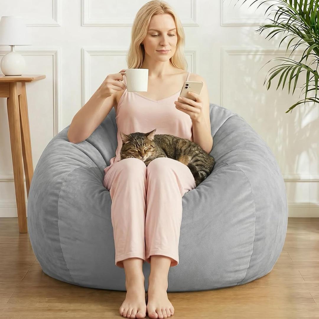 Stuffed Animal Storage Bean Bag Chair Cover for Adults (No Filler), Soft Comfy Velvet Beanbag Chair Cover Machine Washable, Adults Bean Bag Chair with Handle for Living Room Bedroom, Light Gray