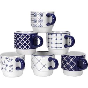 Schliersee 12 OZ Stackable Ceramic Coffee Mugs set of 6, Geometric Floral Pattern Small Mug, Blue White Porcelain Coffee Mug, Stacking Coffee Mugs, Tea Mug, Water Cup, Dishwasher Safe, Microwave Safe