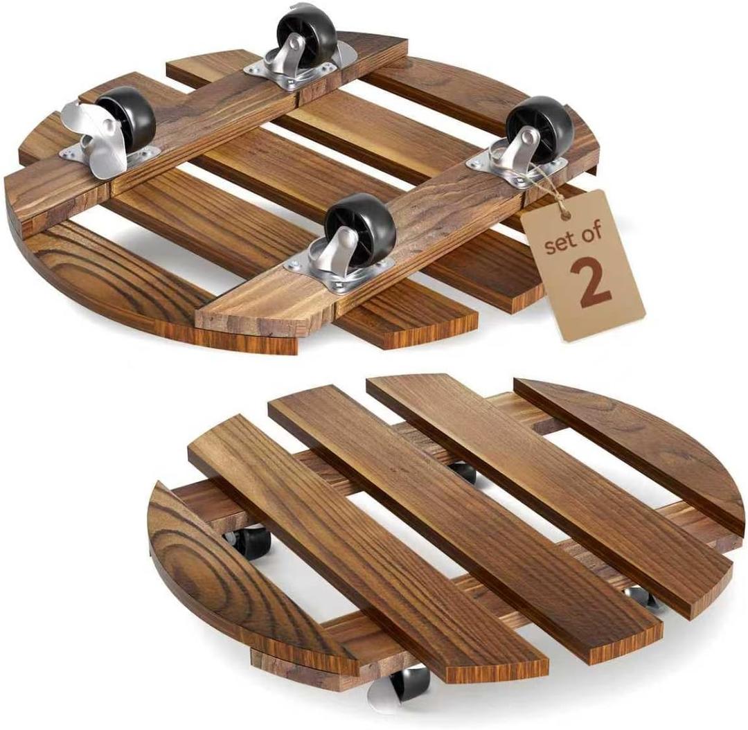 2 Pack Plant Stand Indoor and Outdoor, 12IN Premium Wooden Plant Caddy with Wheels, Heavy Duty Plant Stands with 360 Lockable Wheels, Classic Plant Cart