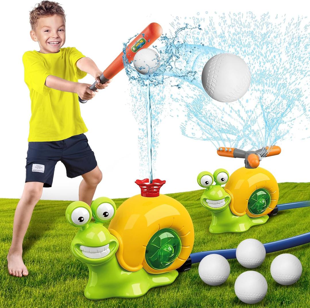 VATOS Water Sprinkler Baseball Toy for Kids Outdoor Play, 2 in 1 Snail Summer Water Game with 2 Sprinkler Heads, 360 Roating Spray Water Baseball for Boys Girls Summer Backyard Lawn Pool Party Fun
