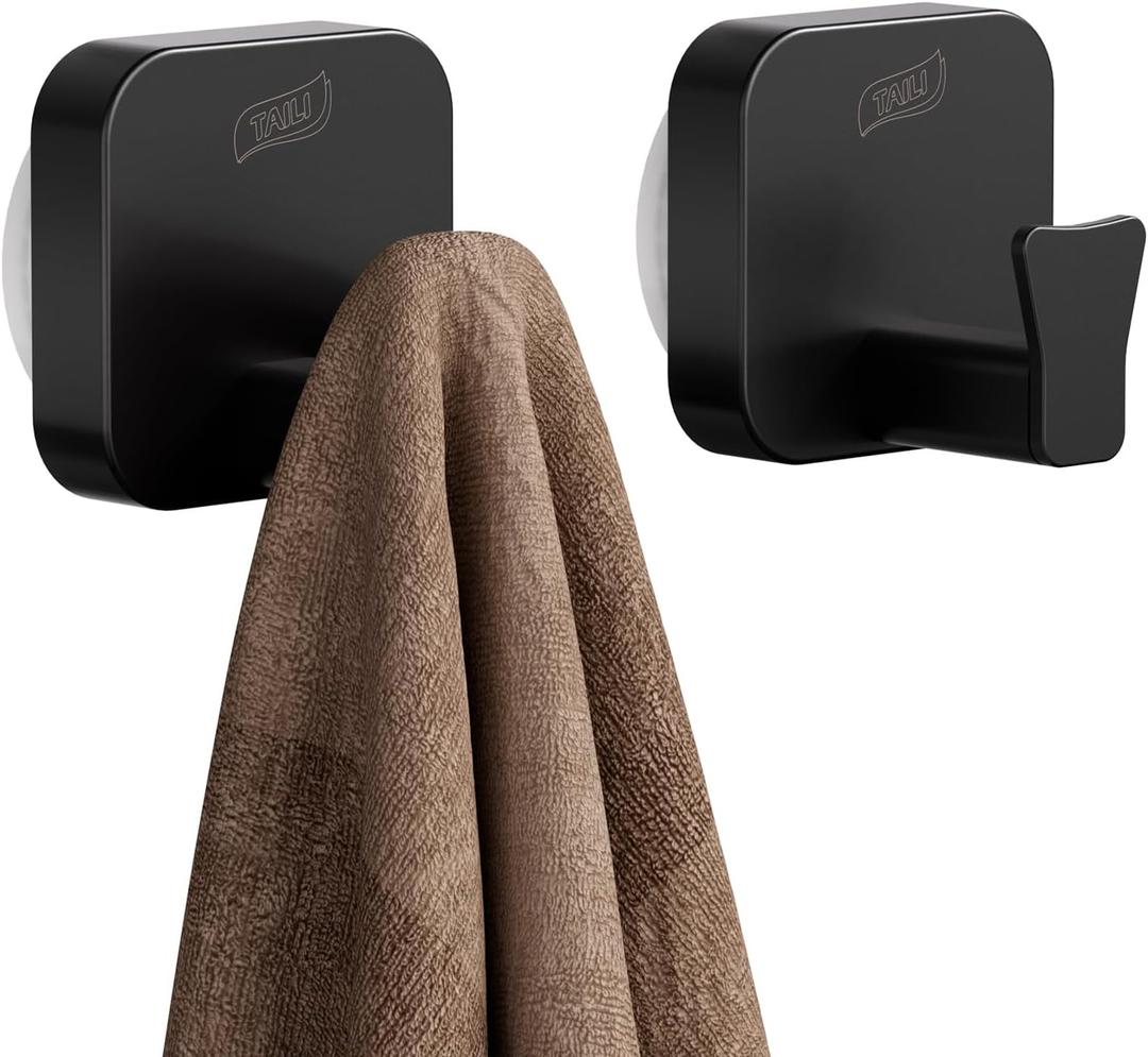 TAILI Thickened 304 Stainless Steel Bathroom Suction Hook for Towel, Loofah, Bathrobe, Patented Strong Suction Cup Holder, Damage-Free Hanging Glass Shower Wall Hook, Hold Up to 11 Lbs, 2 Pack, Black
