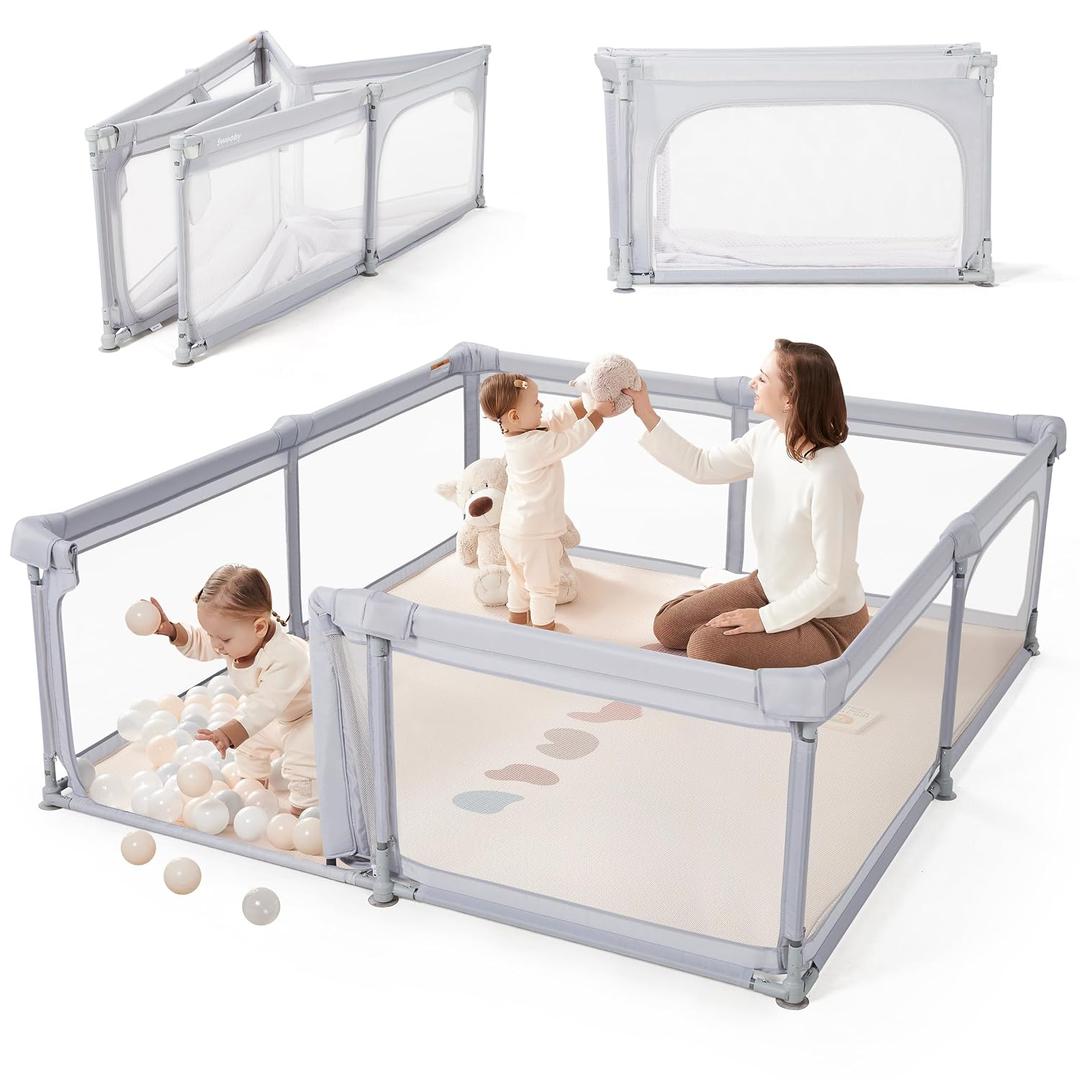 Sweeby Baby Playpen, 79x71 Inch Foldable Playpens for Babies and Toddlers with Gate, Extra Large Playpen with Door Play Yard for Baby Fence Indoor and Outdoor Portable Play Pen, LightGrey