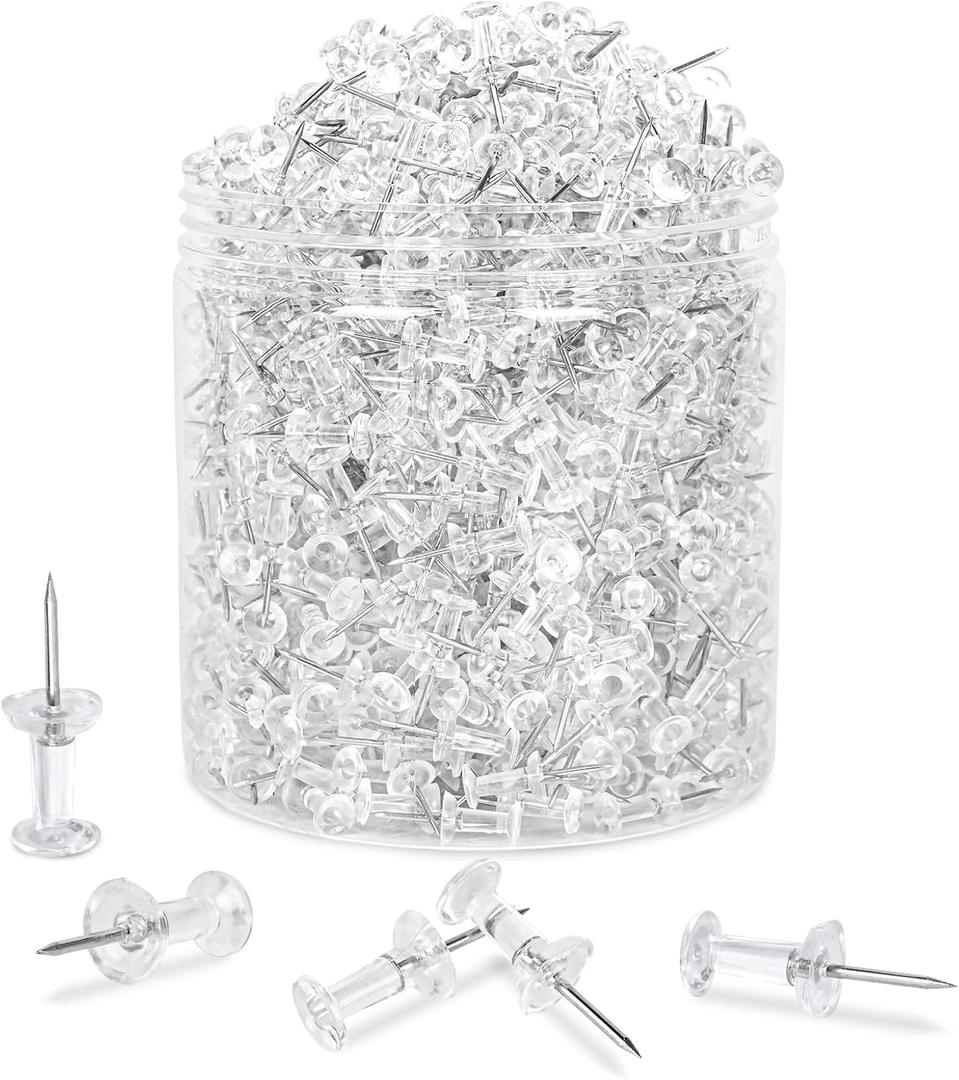 1000 PCS Clear Push pins Tacks for Wall Cork Board Bulletin Board use Clear Plastic Head Pins for Home Office Craft Projects