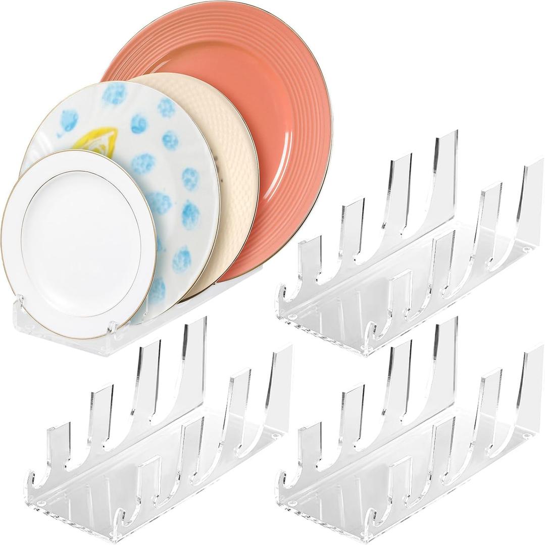 4 Pcs 4 Tier Plate Dinnerware Display Stand Acrylic Clear Plate Stand China Platters Holder Setting Racks for Kitchenware Display Cabinet Organizer