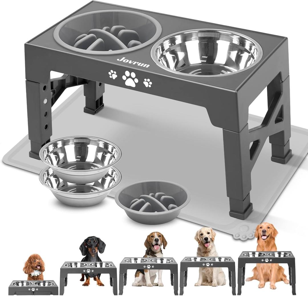 Elevated Dog Bowls, Dog Feeder with 2 Stainless Steel Dishes &1 Slow Feeder Bowl, 5 Heights Adjustable Raised Stand for Medium Large, Food Dishes with Non-Slip Feet (Grey)