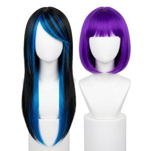 Baruisi Long Blue Black Wig Silky Straight Synthetic Heat Resistant Side Bangs Halloween Costume Hair And 
Purple Bob Wig with Heart Sunglasses - Heat-Resistant, Synthetic Fiber, Adjustable and Natural Looking