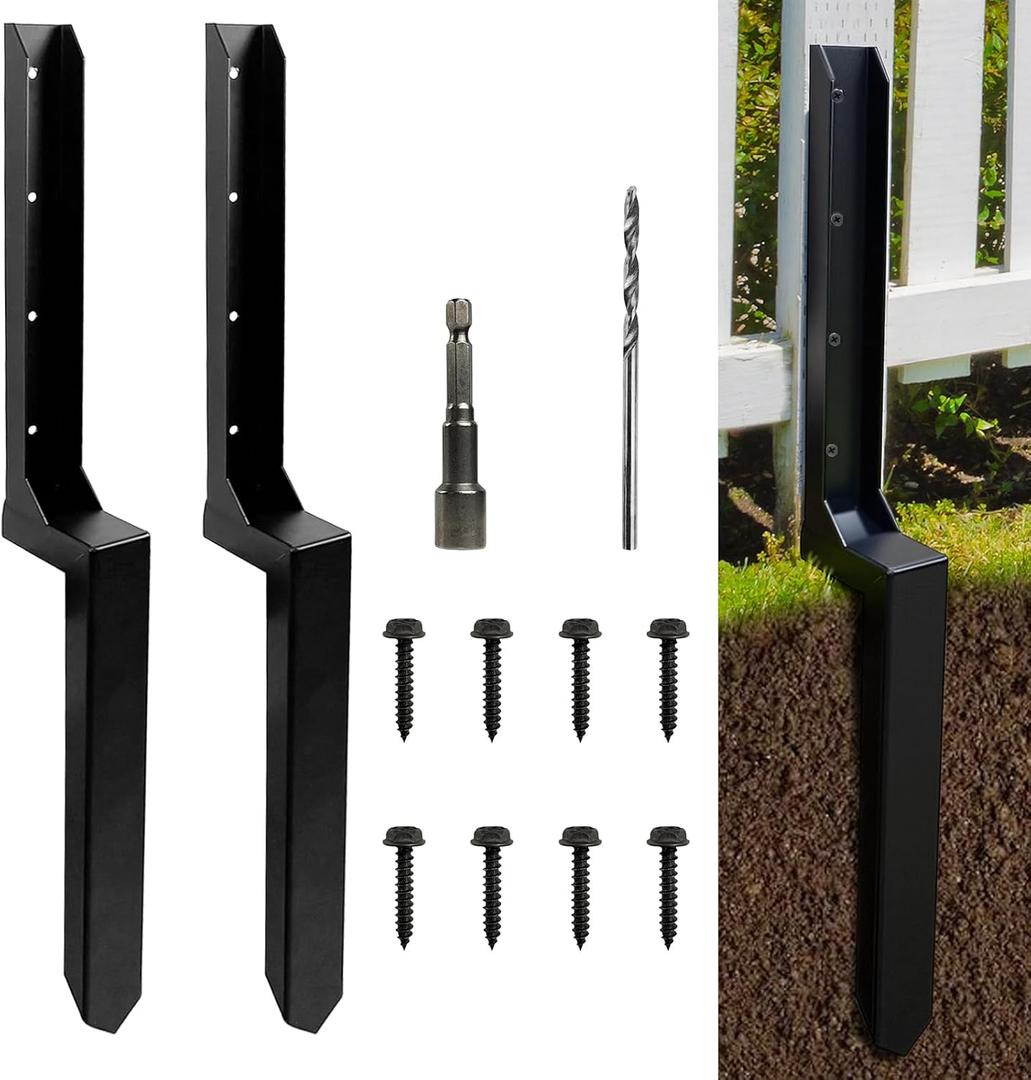 2 Pack Fence Post Repair Kits with One-Piece Steel Anchor & Stakes | Quick Fix Broken/Leaning Wood Posts Support, Heavy Duty Double-Layer Thickened Fence Post Anchors with Rustproof Coating