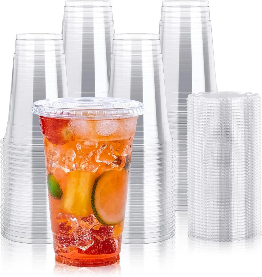 Lilymicky 60 Sets 24 oz Clear Plastic Cups With Flat Lids, 24 Ounce Disposable Drinking Cups With Lids for Ice Coffee, Smoothie, Slurpee, or Any Cold Drinks (EXP 08/21/26)