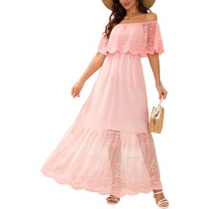 Women's Off The Shoulder Embroidered Lace Maxi Wedding Dress Boho Wedding Guest Formal Party Maternity Photoshoot Dresses (Pink, M)