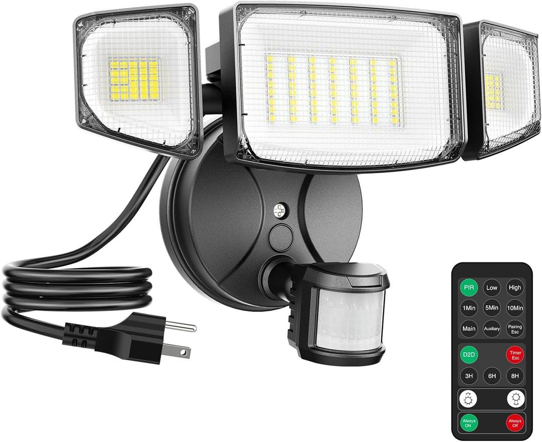 iMaihom 65W 6500LM Motion Sensor Outdoor Light, Plug In LED Security Lights 3 Heads Motion Detection Outdoor Light, Dusk to Dawn, IP65 Waterproof Flood Light with Remote Control for Yard Garage(Black)
