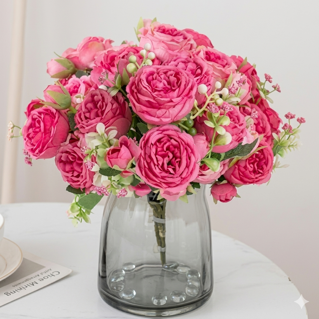 ASTRYAS Artificial Flowers, 3Pcs Silk Fake Peonies Faux Hot Pink Artificial Flowers Peonies Bouquet Arrangements Table Centerpieces for Wedding Office Home Decor Cake (Pink)