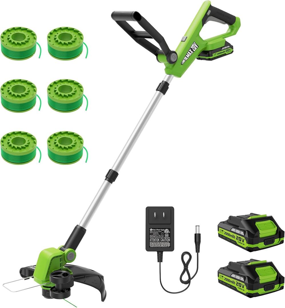 VARSK 20V String Trimmer Cordless, 12 Inch 2 in 1 Trimmer and Edger, Automatic Line Feed, Includes 2 X 2.0Ah Batteries/1 X Fast Charger/6 X Spare Spools, for Lawn, Garden, etc, Green