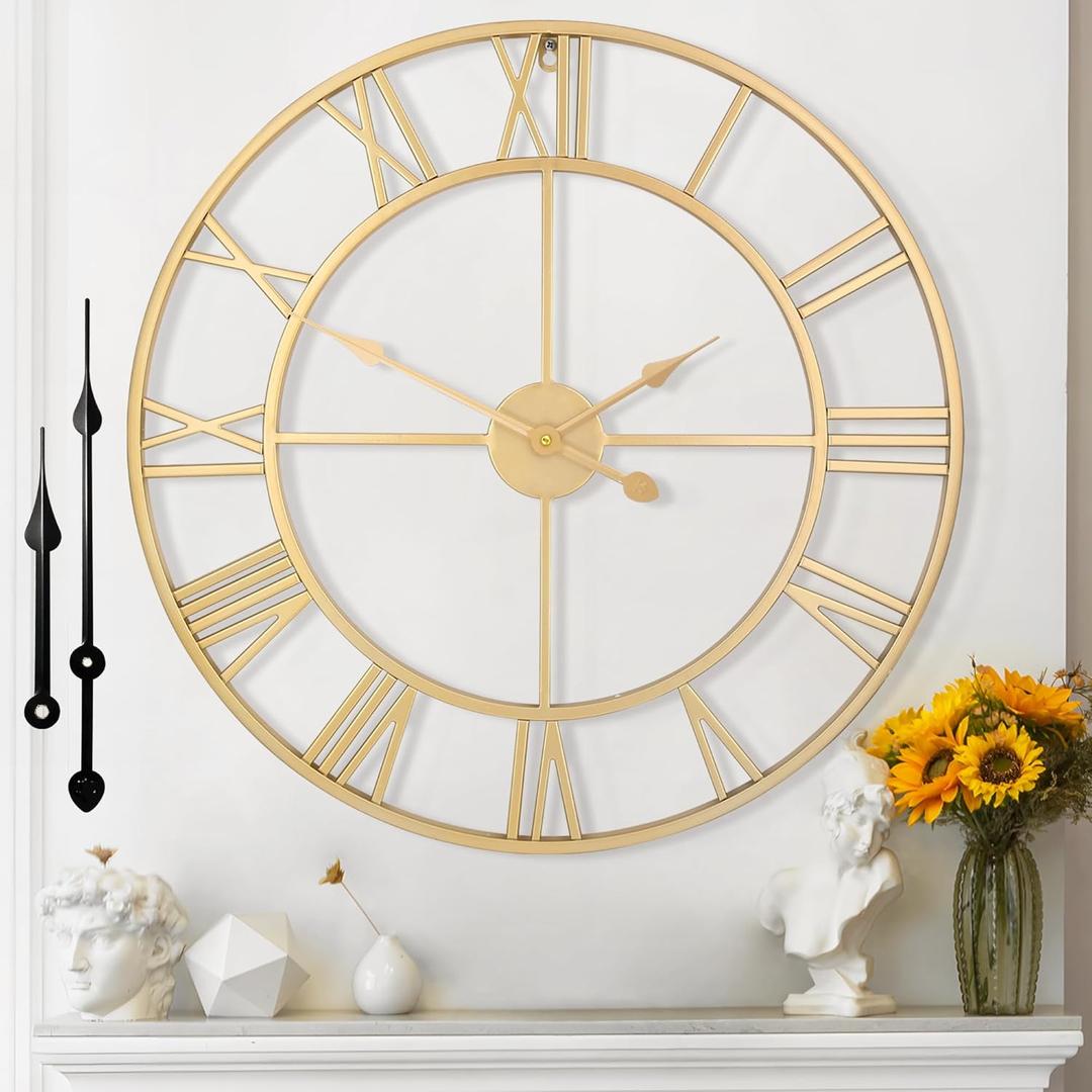Large Wall Clock for Living Room Decor - 60cm/ 24 Inches Silent Non-Ticking Metal Wall Clocks Battery Operated, Vintage Decorative Modern Wall Clock for Bedroom, Office, Farmhouse Decor (Gold)