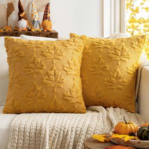 MIULEE Fall Throw Pillow Covers 18x18 Mustard Yellow Set of 2 Thanksgiving Autumn Decorative Hollow Maple Leaf Accent Pillow Covers Soft Plush Faux Wool for Outdoor Porch Home Decor Holiday Bedroom
